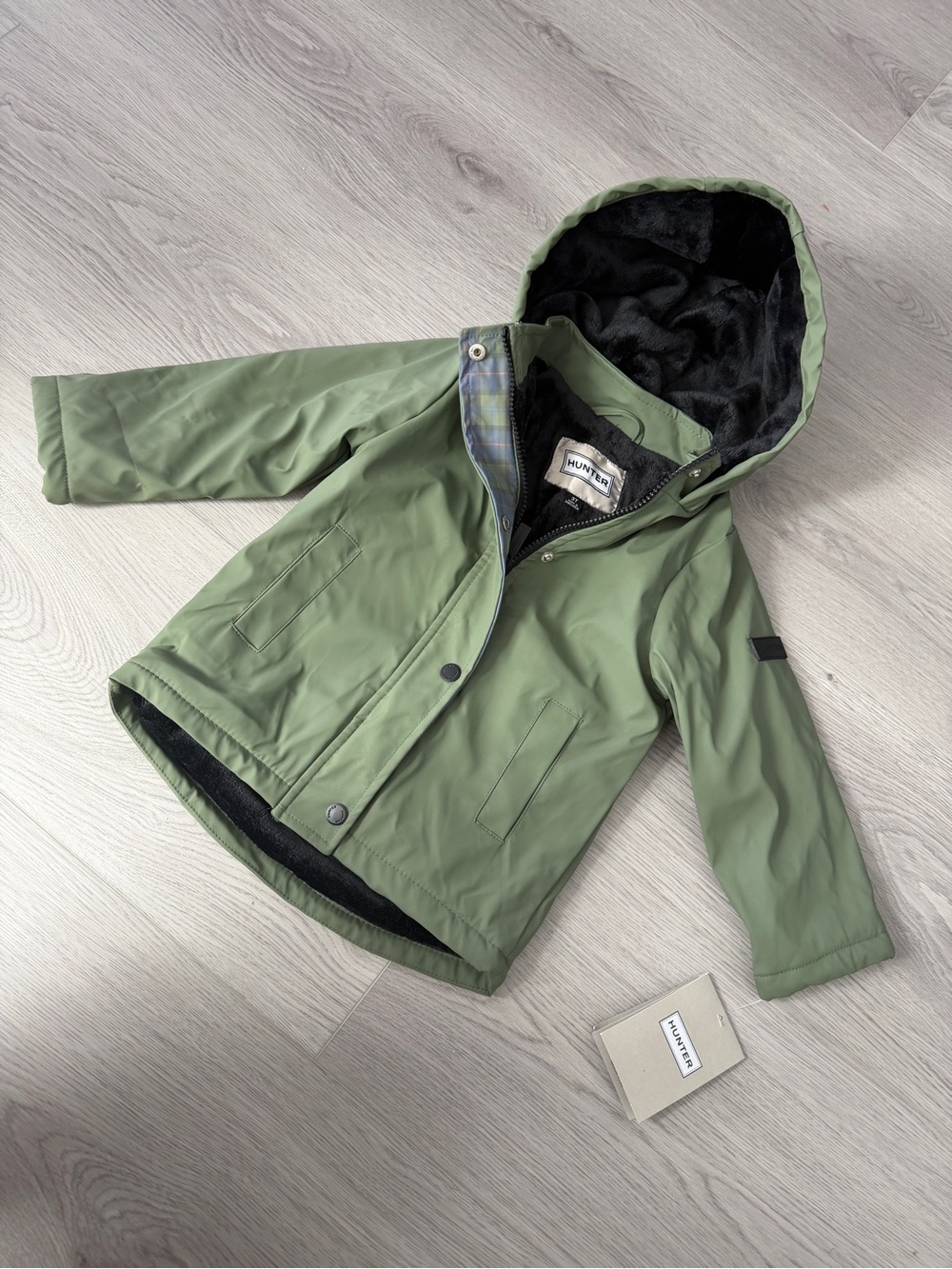 Childrens Hunter 3T Green Hooded Raincoat with fur Lining